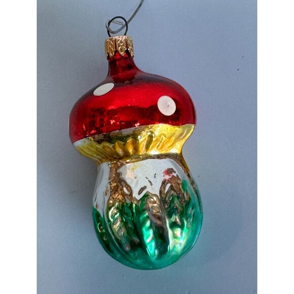 Vintage Blown Glass Red & Green Polka Dot Classic Mushroom Ornament 3" Columbia - Picture 3 of 7
